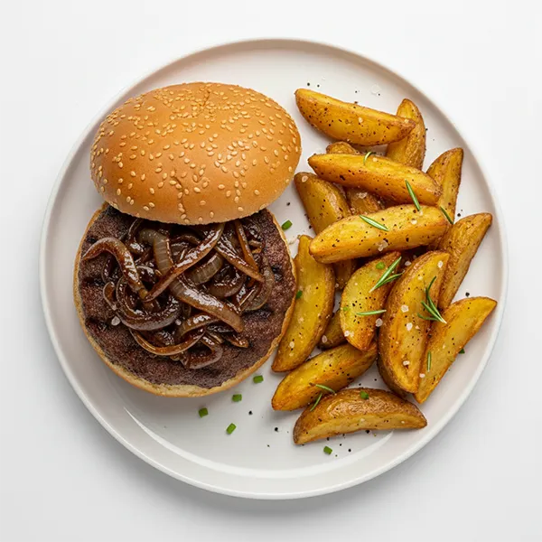 Bavarian beef burger with caramelized onion mustard sauce and rosemary potato wedges